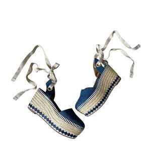 Tory Burch Denim Dandy Ankle Wrap Tie Up Wedge Sandals size 8 Espadrille